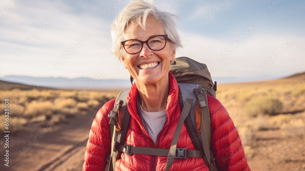 Naklejka premium energetic mature senior woman hiking portrait in wilderness wearing glasses and backpack, created with Generative AI