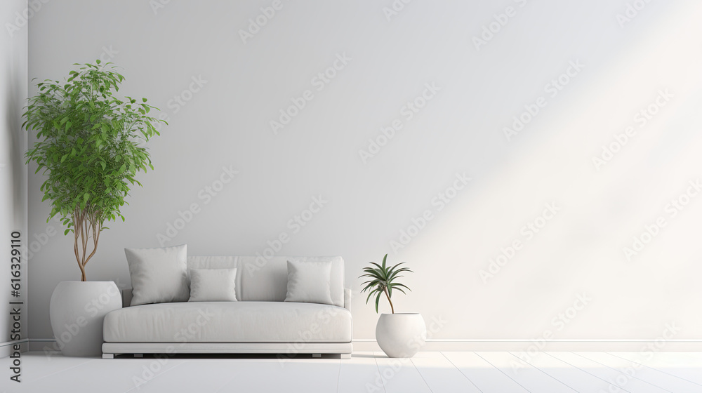 Minimalist White Living Room with Clean Design and Potted Plants ...