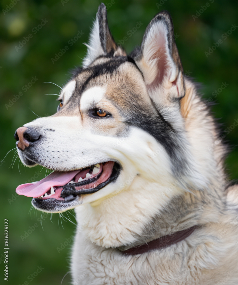 An Alaskan Malamute runs in the park with a cheerful expression. An Alaskan Malamute runs in the park with a cheerful expression.