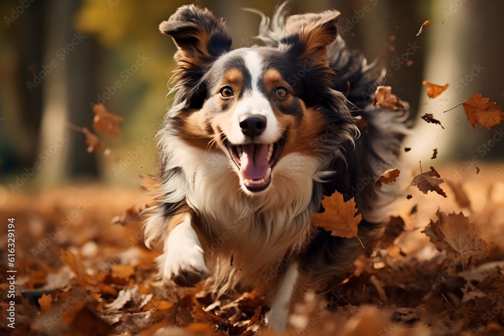 Happy collie having fun in the autumn leaves, fall season Happy collie having fun in the autumn leaves, fall season