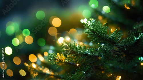 Bokeh from lighting of green christmas tree. Generative Ai