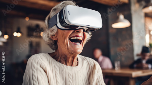 old senior wearing vr headset feeling excited with metaverse. Retirement and senior lifestyle at home © STORYTELLER