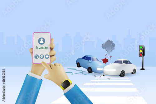 Car accident and insurance protection. Businessman hand calling insurance agent on mobile with crashing cars on road. 3D vector.