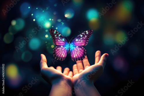A hand gently reaches out to a vibrant and colorful butterfly, set against a mesmerizing bokeh-filled fantasy light background. Generative AI