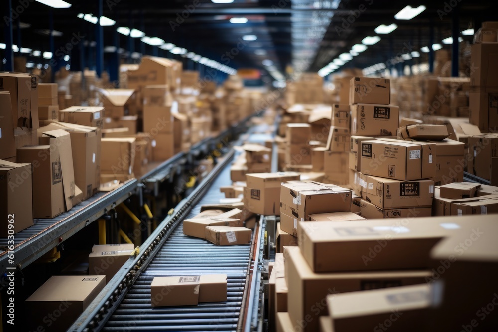 Efficient sorting process: Cardboard boxes gracefully moving along a sorting line, showcasing an organized and streamlined operation. Generative AI Efficient sorting process: Cardboard boxes gracefully moving along a sorting line, showcasing an organized and streamlined operation. Generative AI