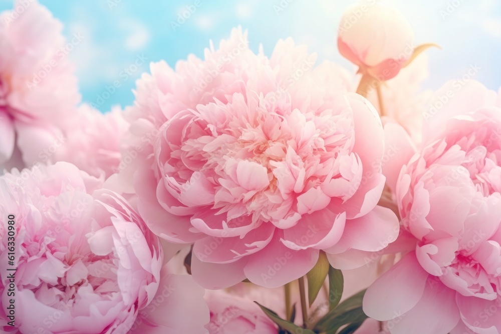 Captivating pink peonies on a soft blue background, radiating grace and tranquility with a touch of dreamy allure. Generative AI Captivating pink peonies on a soft blue background, radiating grace and tranquility with a touch of dreamy allure. Generative AI
