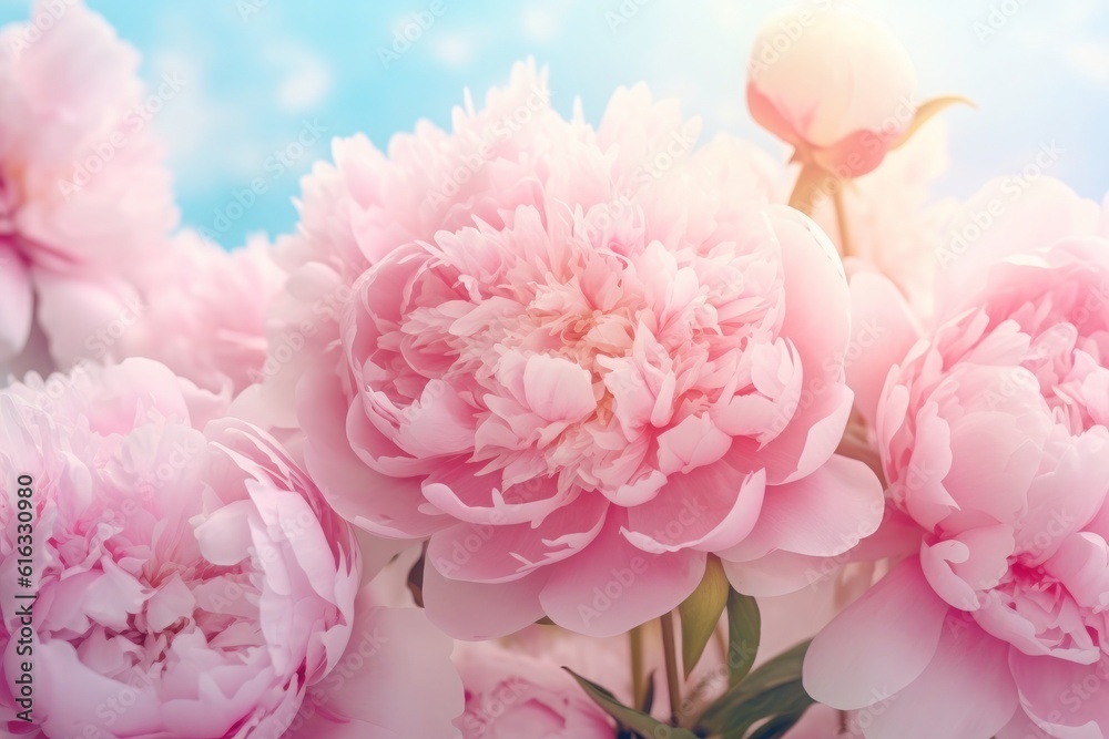 Captivating pink peonies on a soft blue background, radiating grace and tranquility with a touch of dreamy allure. Generative AI