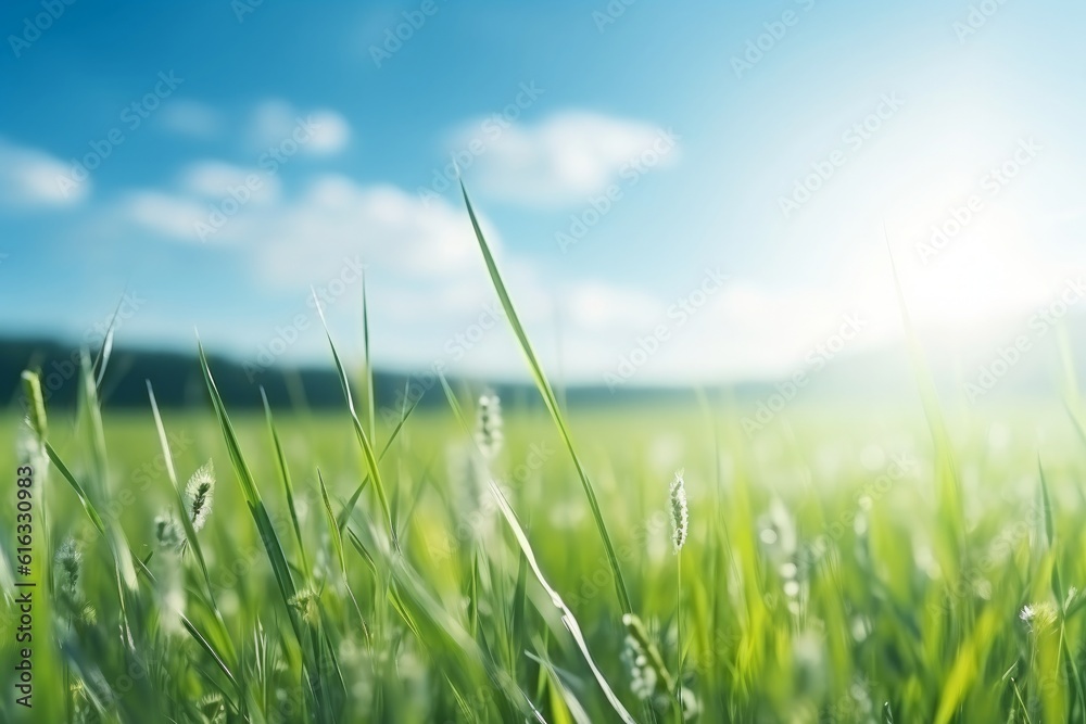 Breathtaking green field filled with lush grass stretches against a vibrant blue sky with the sun shining brightly. This beautiful landscape captures the essence of spring and summer, Generative AI Breathtaking green field filled with lush grass stretches against a vibrant blue sky with the sun shining brightly. This beautiful landscape captures the essence of spring and summer, Generative AI