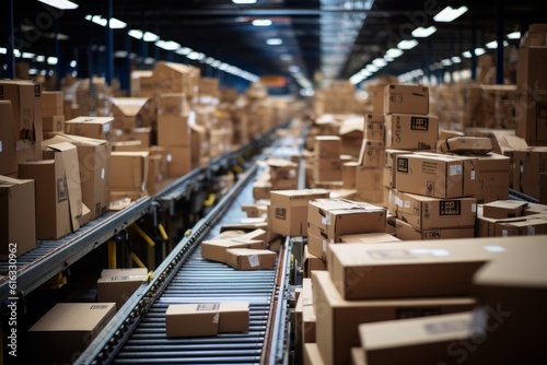Efficient sorting process: Cardboard boxes gracefully moving along a sorting line, showcasing an organized and streamlined operation. Generative AI