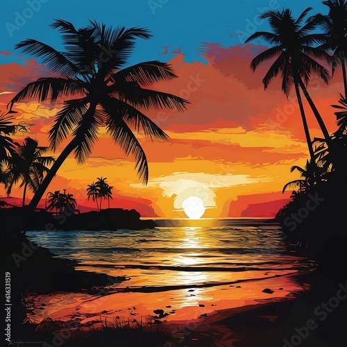 tropical sunset with trees