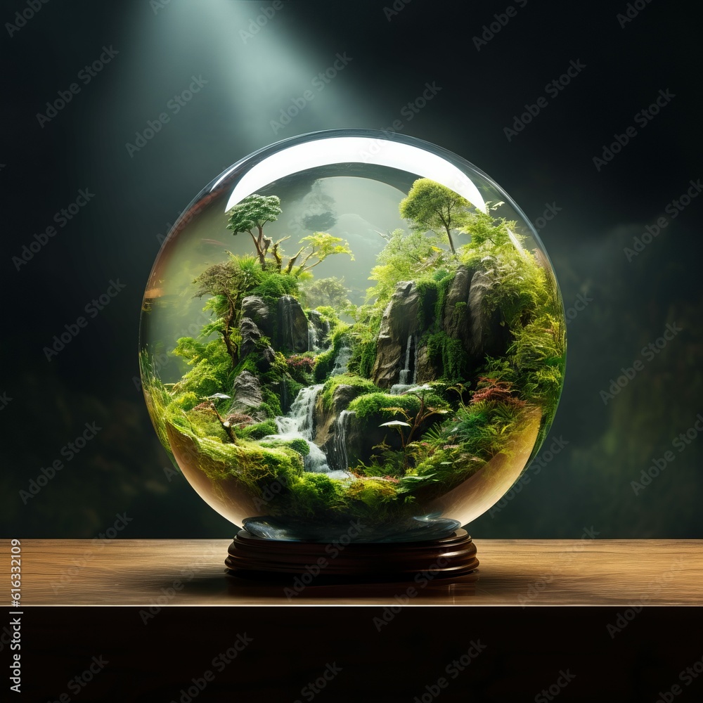 Tiny Rain Forest Sealed in Glass Sphere, Habitat Ecosystem Biosphere Illustration Miniature Environment Tiny Rain Forest Sealed in Glass Sphere, Habitat Ecosystem Biosphere Illustration Miniature Environment