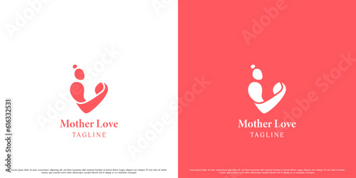 Mother hugging baby child son logo design illustration. Simple flat silhouette creative creative abstract affection love heart mother child parents brother boy sister.
