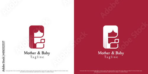 Mother child logo design illustration. Modern abstract creative simple flat silhouette minimalistic mother and child. Affectionate love icon symbol caring hug pregnant mama son geometric shape.