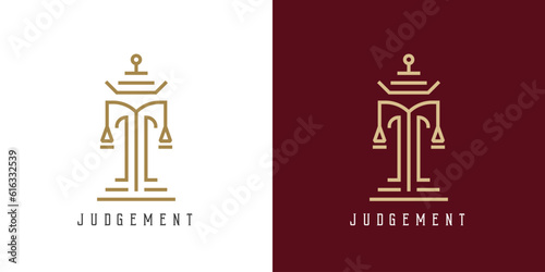 Judgment court logo design illustration. Simple flat silhouette geometric shape minimalist creative modern justice punishment judgment court. Suit for notary lawyer judge legal business icon symbol.