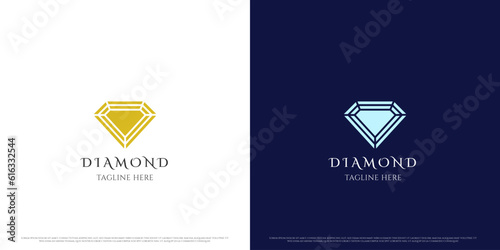 Diamond jewelry logo design illustration. Simple flat silhouette gold jewelery crystal diamond modern minimalist glamor luxury blue sapphire emerald ruby. Perfect for diamond shop app business icon.
