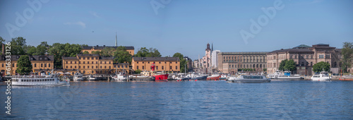 Photography Panorama, bay view at Ladugårdslandsviken, boats and old maritime buildings on t