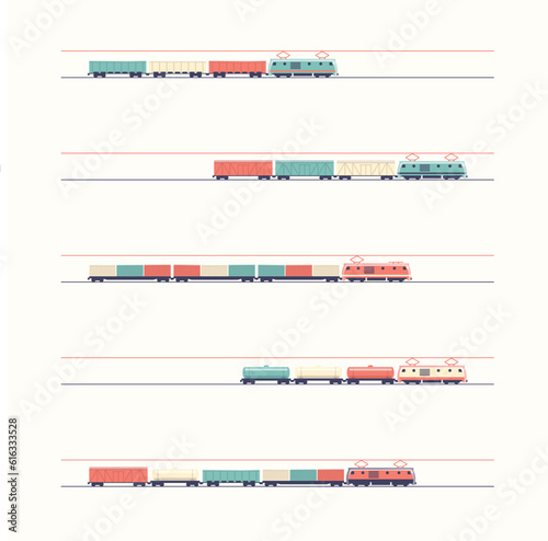 Freight trains and electric locomotives. A set of simple vector illustrations or icons.