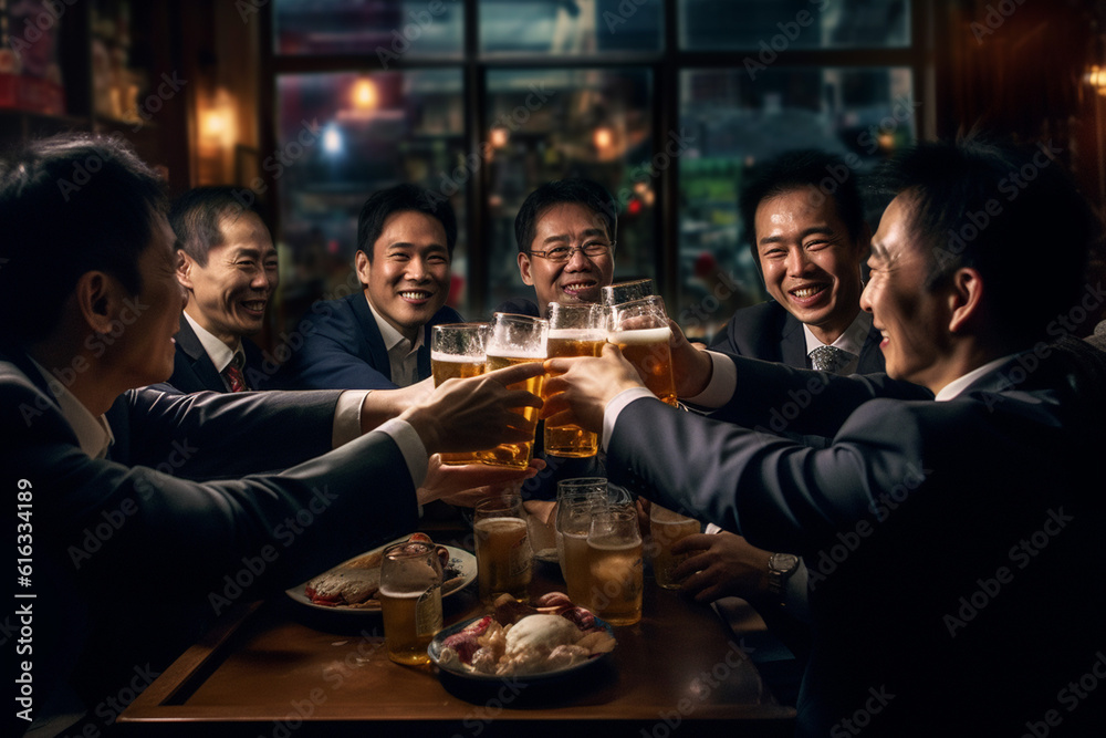ビールで乾杯する男性のイメージ：AI生成画像