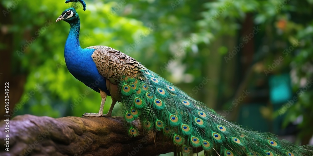 Naklejka premium Peacock perched in front of a beautiful background
