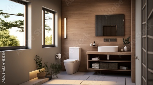 Generative AI Minimal interior design bathroom with beige cozy tone style  decorate with wooden decor  bathtub  sink