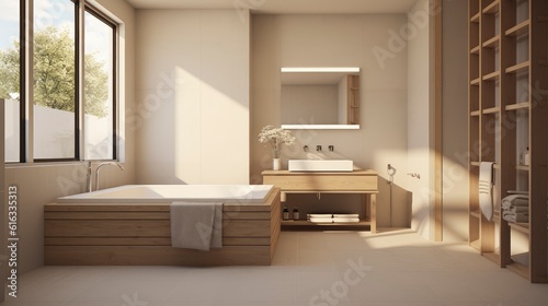 Generative AI Minimal interior design bathroom with beige cozy tone style  decorate with wooden decor  bathtub  sink