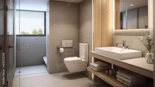 Generative AI Minimal interior design bathroom with beige cozy tone style, decorate with wooden decor, bathtub, sink