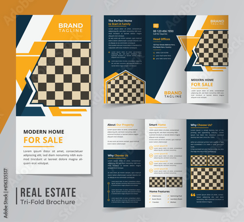Corporate real estate and home apartment trifold brochure template design, horizontal trifold business brochure design with A4 size layout