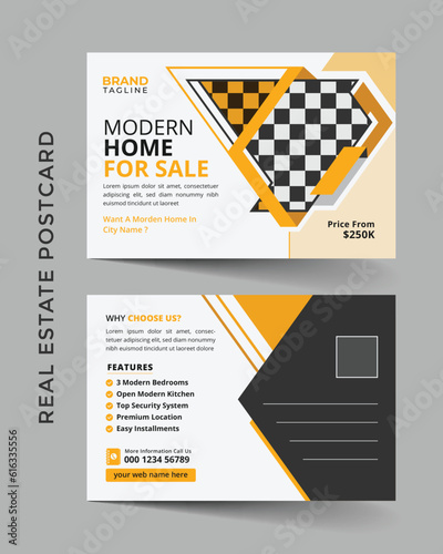 Corporate real estate postcard template design in vector, business real estate and home apartment agency postcard layout