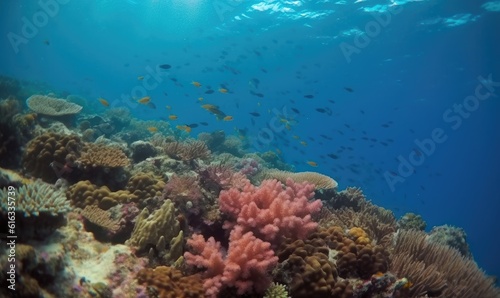 Splendid underwater view of a diver exploring coral reef Creating using generative AI tools