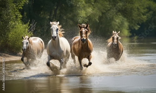 Majestic horses leaping over river rapids Creating using generative AI tools
