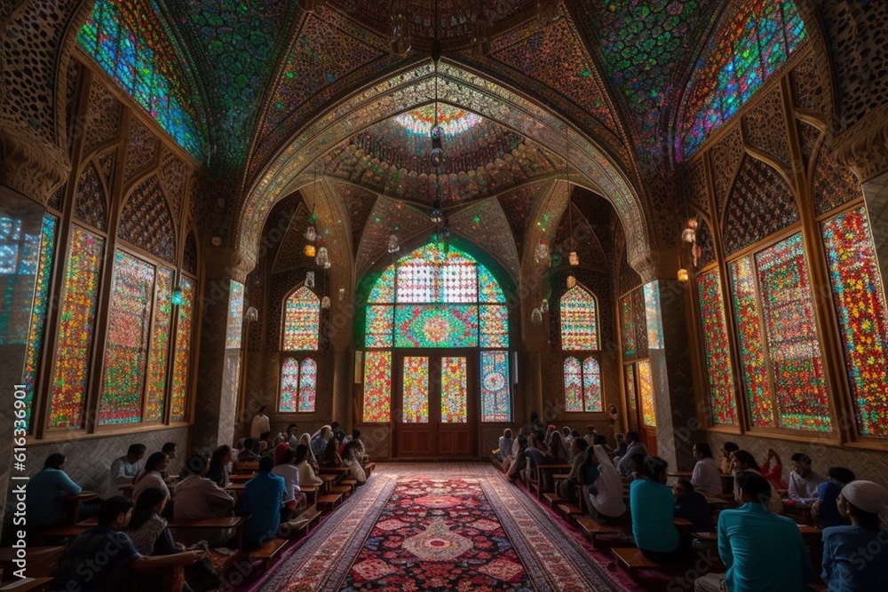 Stunning Mosque with Intricate Geometric Patterns and Vibrant Colors Celebrating Eid Created with Generative AI