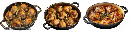 Three black frying pans with roast quail on a transparent background, Generative AI