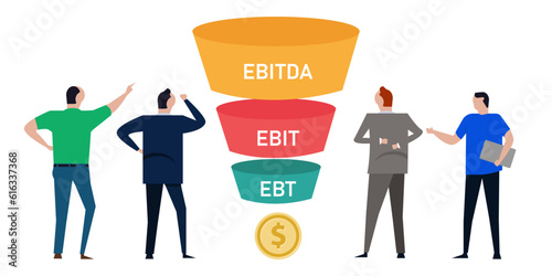 EBITDA EBIT and EBT Business man analyze Earning before tax depreciation amortization funnel