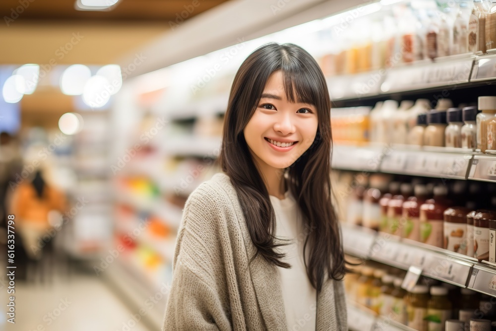 Asia woman smiling and shopping in the supermarket, food on shelf, Generative AI image.