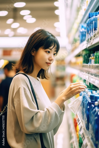 Asia woman smiling and shopping in the supermarket, food on shelf, Generative AI image.