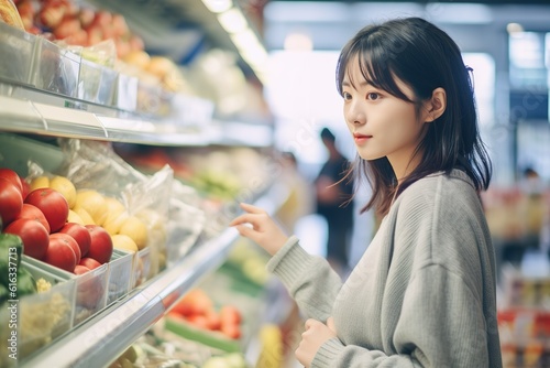 Asia woman smiling and shopping in the supermarket, fruit and vegetable on the shelf, Generative AI image.