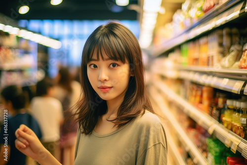 Asia woman smiling and shopping in the supermarket, food on shelf, Generative AI image. © hakule