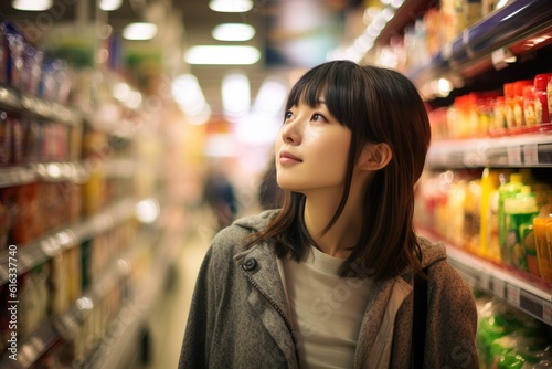 Wallpaper Mural Asia woman smiling and shopping in the supermarket, fruit and vegetable on the shelf, Generative AI image. Torontodigital.ca