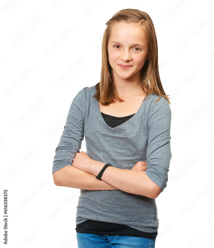 Teenager, portrait and girl with arms crossed and a smile, casual clothes and positive mindset. Happy teen child, school kid or student isolated on a transparent, png background for youth fashion Teenager, portrait and girl with arms crossed and a smile, casual clothes and positive mindset. Happy teen child, school kid or student isolated on a transparent, png background for youth fashion