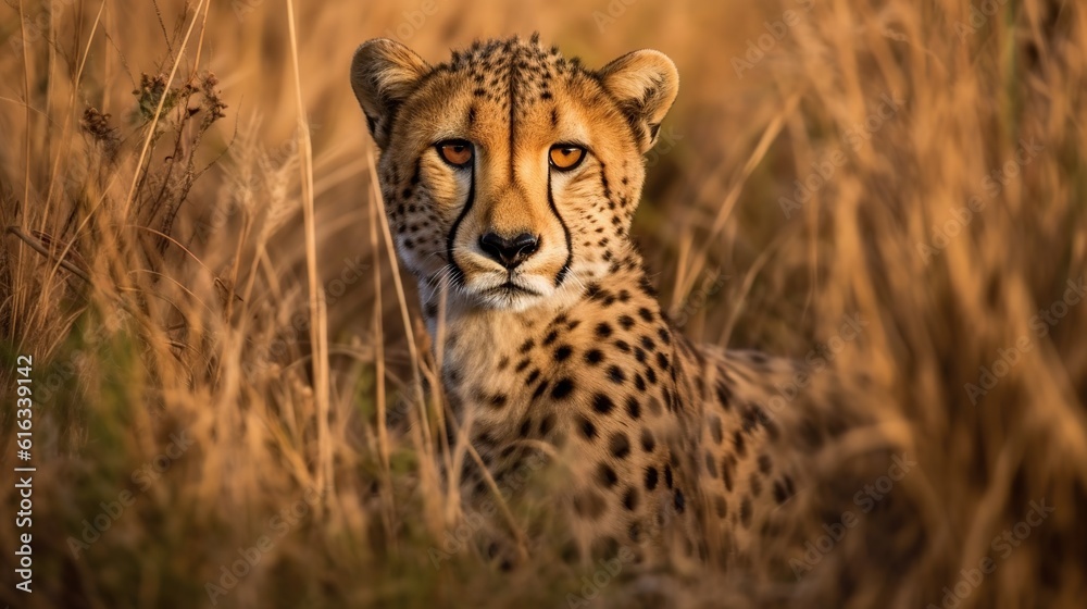 Naklejka premium cheetah camouflaged within tall grass