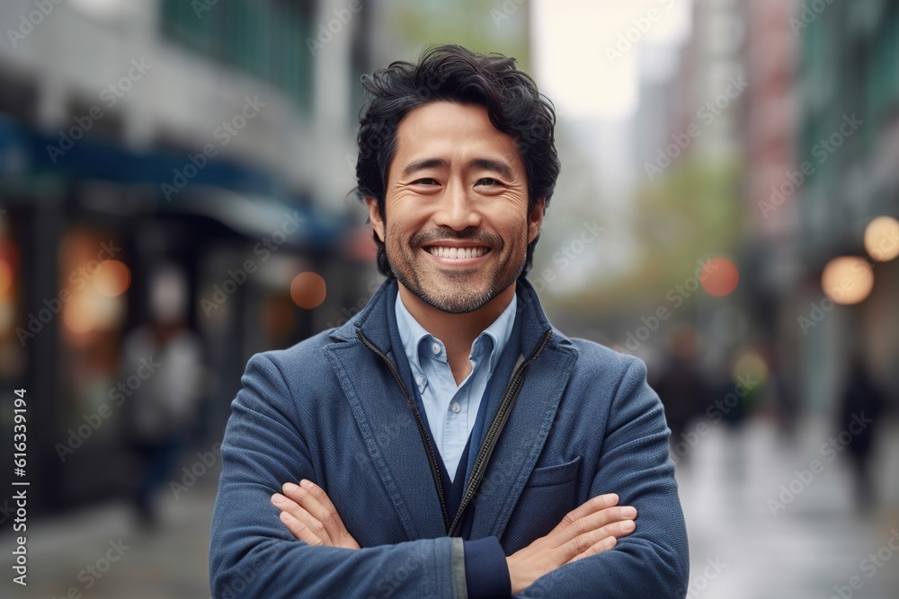 Fototapeta premium Portrait of a happy asian businessman smiling at the camera.Generative Ai