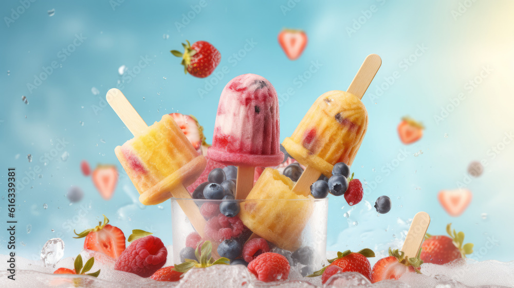 Splashing healthy mixed fruit summer popsicles. fruits falling concept