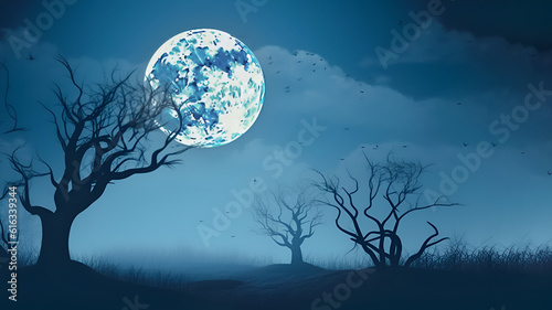 Full moon on dark sky, landscape with scary forest. AI generative © Elena