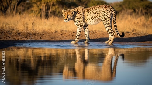 cheetah interacting with its reflection in a water 