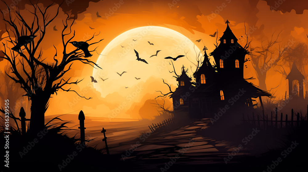 Spooky Halloween background with castle, bats, crows, full moon. Ai generative