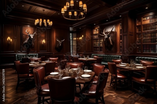 Elegant Steakhouse: Refined Dining Experience with Luxurious Dark Wood Paneling, AI