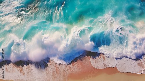 Aerial view of ocean waves on beach. AI generative