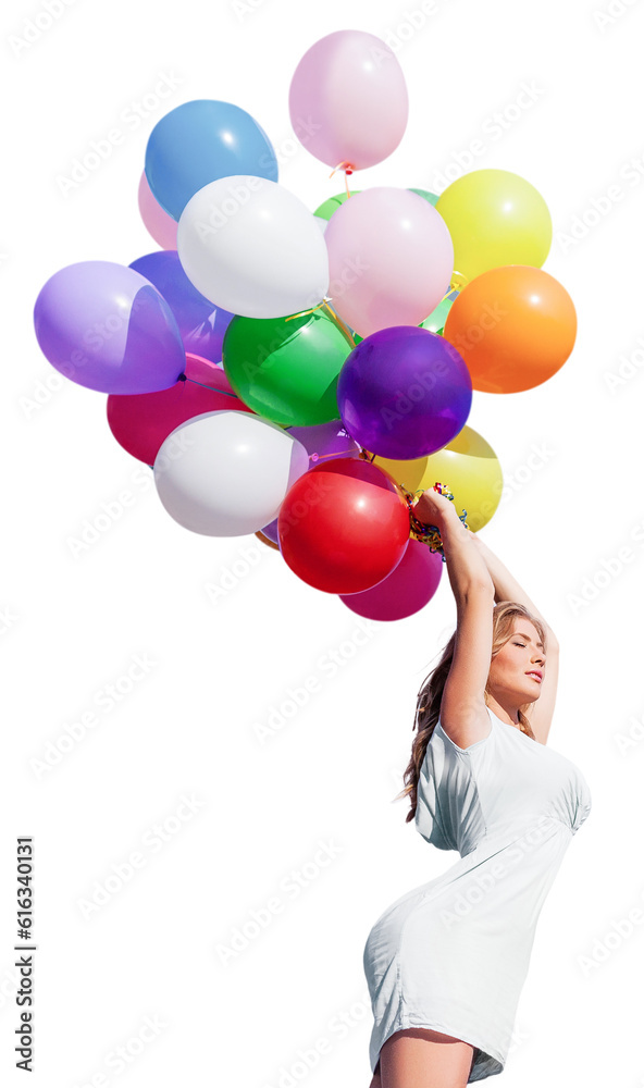 Young beauty woman with many color ballons