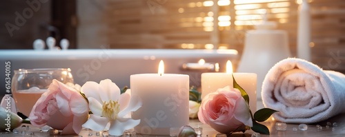 Spa and wellness concept with candle flowers and towels
