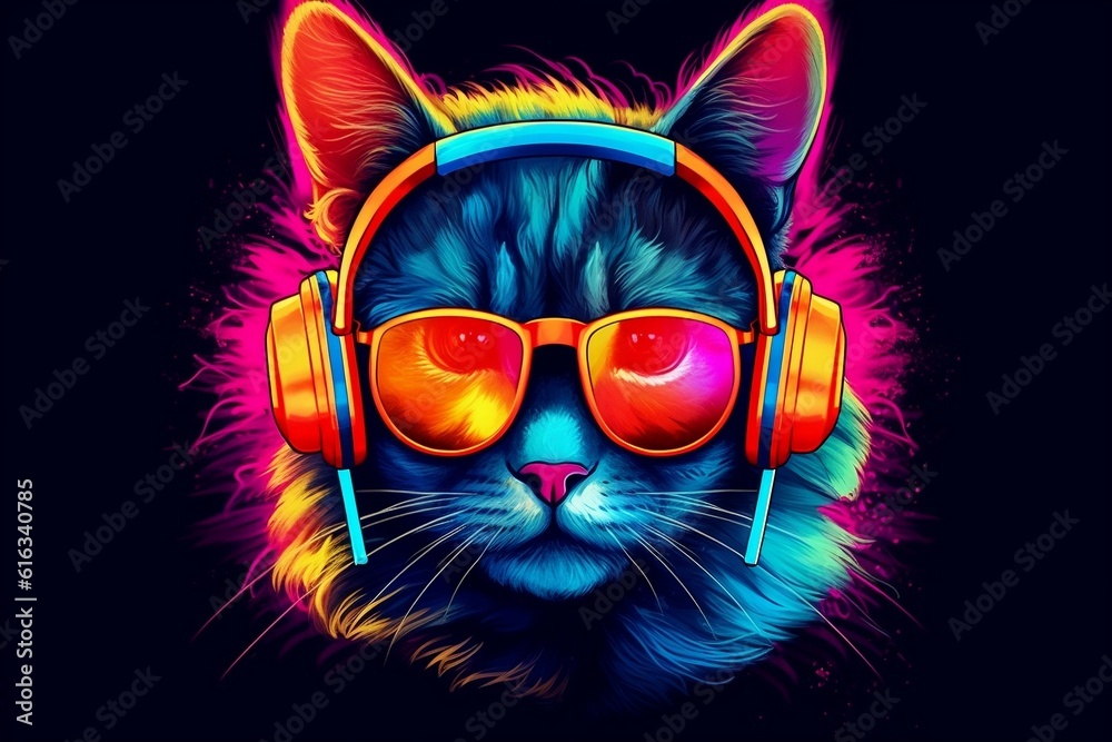 Party DJ Cat Grooving with Headphones and Sunglasses, AI